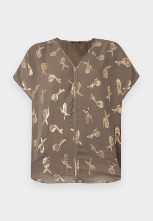 Korte mouwen, bruine blouse met een V-hals en een gouden folie spiraalpatroon, met een relaxte pasvorm en een zachte stofstructuur.