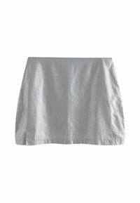 Šedá mini sukně s hladkým, lesklým povrchem, s jednoduchým designem ve tvaru A a čistými okraji. Bez viditelných dekorací nebo vzorů.