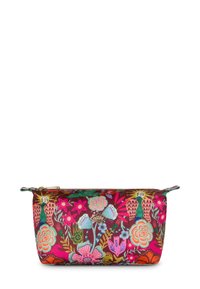 Bloemige ritstas met een donkerbruine achtergrond, versierd met kleurrijke geborduurde bloemen en vogels in roze, groen en blauwe tinten.