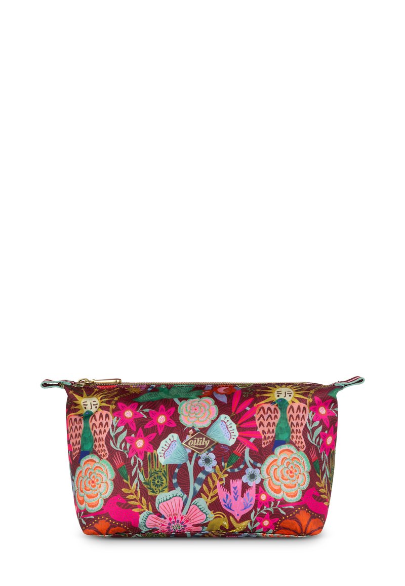 Bloemige ritstas met een donkerbruine achtergrond, versierd met kleurrijke geborduurde bloemen en vogels in roze, groen en blauwe tinten.