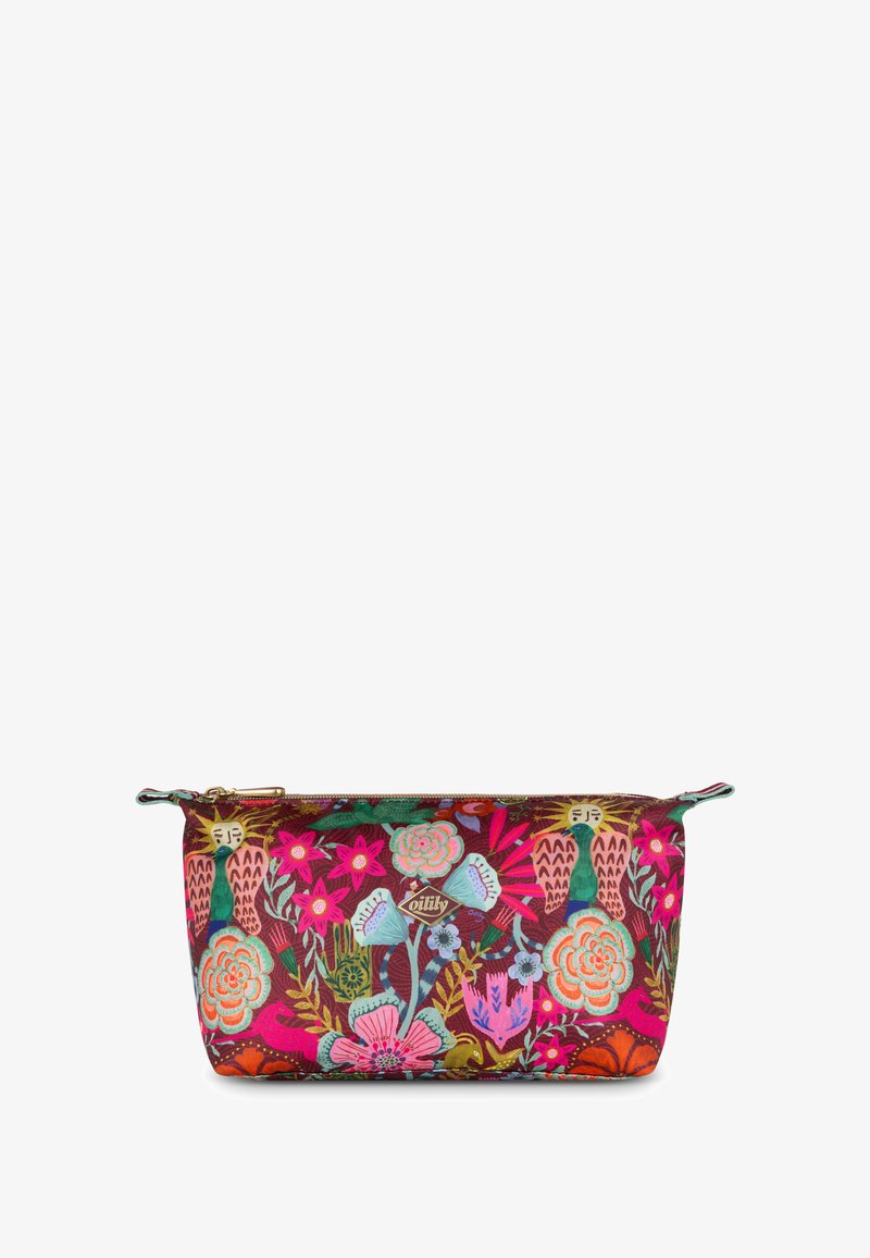 Bloemige ritstas met een donkerbruine achtergrond, versierd met kleurrijke geborduurde bloemen en vogels in roze, groen en blauwe tinten.