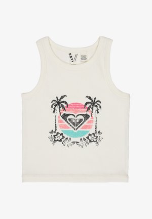 White sleeveless tank top with a sunset graphic featuring palm trees, flowers, and a stylized heart logo in pink and turquoise colors.