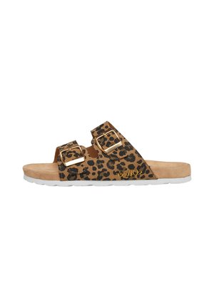 Sandalo modello slide con stampa leopardata marrone e nera, due cinturini con fibbie dorate e suola bianca, visto di lato.