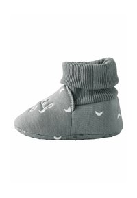 Grau weiche Stoffschuhe mit einem gerippten Knöchel-Bund, ausgestattet mit weißen Mondformen und einer rutschfesten strukturierten Sohle. Niedriges Profil-Design.