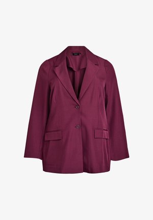 Bordeaux blazer med en spids klap, to forlommer og tre knapper. Lavet af glat stof med en skræddersyet pasform og lange ærmer.