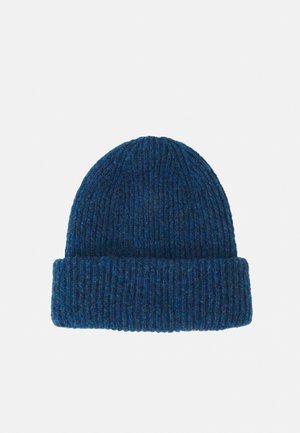Berretto a maglia di color blu scuro, con una texture a coste e un risvolto per maggiore calore. Realizzato in morbido e resistente materiale misto lana.