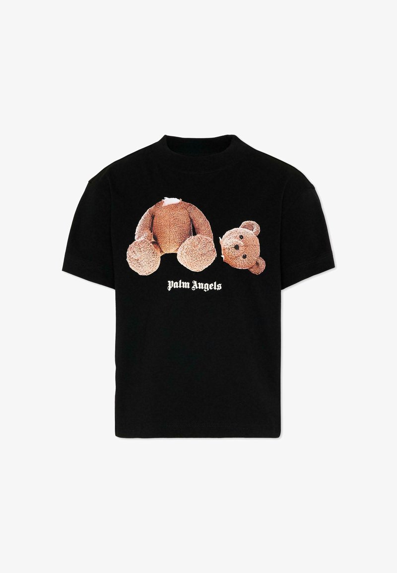 Czarny T-shirt z grafiką bezgłowego misia, którego ciało i głowa są oddzielone, z napisem "Palm Angels" poniżej, utrzymanym w białej gotyckiej czcionce.