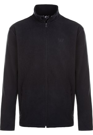 Zwarte fleece jas met hoge kraag en ritsluiting. Beschikt over zijzakken en een subtiel logo op de borst. Zachte textuur, normale pasvorm.