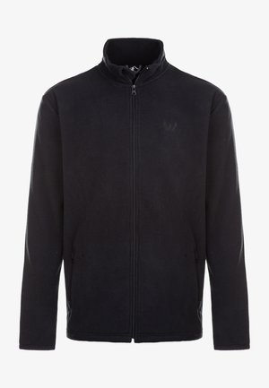 Czarna polarowa kurtka z wysokim kołnierzem i zapięciem na zamek. Posiada boczne kieszenie oraz subtelne logo na piersi. Miękka tekstura, regularny krój.