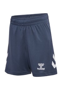 Marineblaue Sportshorts aus leichtem, glattem Stoff. Mit einem dehnbaren Bund und weißen Chevron-Akzenten an den Seiten.