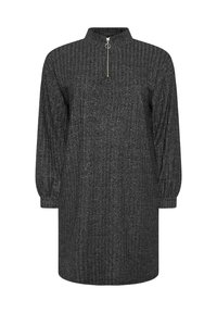 Abito in maglia grigio con colletto alto, mezza zip e maniche lunghe a sbuffo. Presenta una texture verticale a costine su tutto il capo.