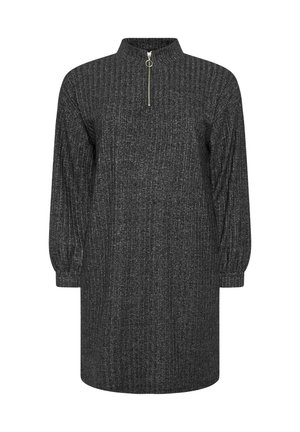 Grijze gebreide jurk met een hoge kraag, halve rits en lange, opgeblazen mouwen. Heeft een verticale ribstructuur over de hele jurk.