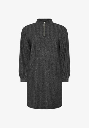 Graues Strickkleid mit hohem Kragen, halbem Reißverschluss und langen Puffärmeln. Verfügt über eine vertikale Rippenstruktur.