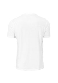 T-shirt bianco in cotone, maniche corte, vestibilità standard, scollo rotondo, texture liscia, design semplice, senza loghi o grafiche visibili sul retro.