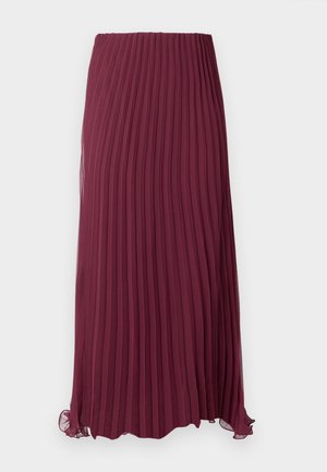 Jupe plissée longue bordeaux en tissu léger avec une taille élastique et un ourlet légèrement ondulé. Plis verticaux texturés sur toute la surface.