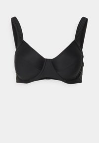 Svart undertrøye med bøyler og formerte kopper, justerbare stropper og lukking med hekte og øye. Glatt, elastisk stoff med sømløst design.