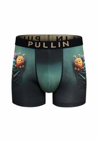 Boxers en dégradé sombre avec une ceinture logo PULLIN ; présentent des créatures de dessin animé colorées qui émergent d'une poche. Fabriqués en tissu extensible.