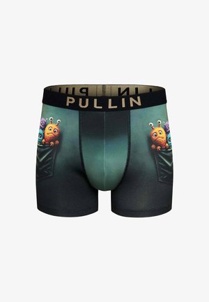 Boxers en dégradé sombre avec une ceinture logo PULLIN ; présentent des créatures de dessin animé colorées qui émergent d'une poche. Fabriqués en tissu extensible.