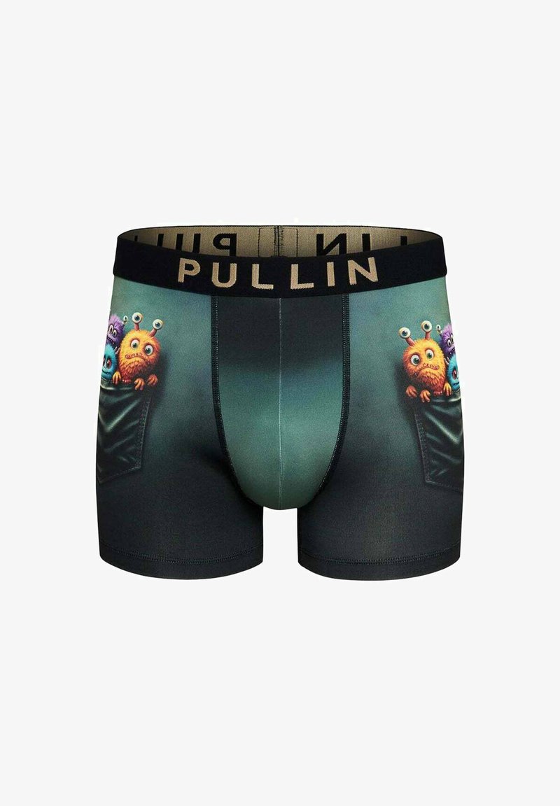 Boxers en dégradé sombre avec une ceinture logo PULLIN ; présentent des créatures de dessin animé colorées qui émergent d'une poche. Fabriqués en tissu extensible.