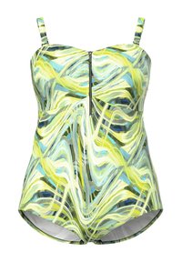 Maillot de bain avec un motif tourbillon vibrant en vert, bleu et jaune. Doté d'une fermeture éclair sur le devant et de bretelles ajustables. Tissu lisse et extensible.