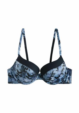 Bra con motivo floreale in blu e nero, con coppe imbottite e spalline regolabili; presenta una texture liscia e una banda solida a contrasto.