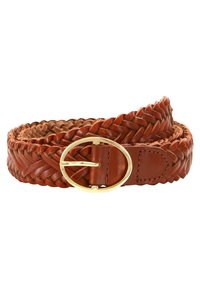 Geweven bruine leren riem met een ronde gouden gesp, met een gevlochten textuur en een gladde afwerking aan de binnenzijde.