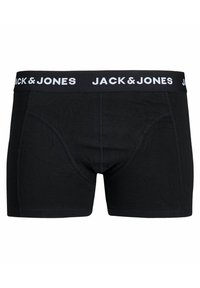 Schwarze Baumwoll-Boxershorts mit enger Passform, ausgestattet mit einem breiten elastischen Bund, der "JACK & JONES" in weißer Schrift zeigt.