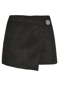 Czarna zamszowa mini spódnica z kopertowym fasonem, ozdobiona dużym srebrnym guzikiem. Miękka w dotyku, o gładkim wykończeniu.