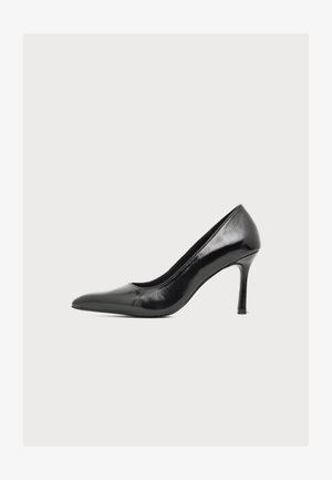 Scarpa da donna nera lucida con tacco alto a punta e tacco sottile a stiletto, mostrata di lato su uno sfondo chiaro e semplice.