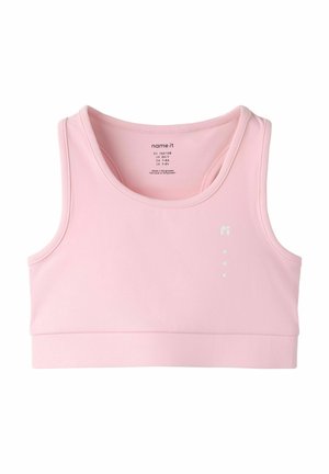 Light pink, sleeveless sports crop top with round neckline and small white logo on the right chest, designed for children aged 7-8 years.