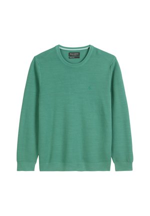 Herren Langarm-Grün Crew Neck Pullover mit gerippten Bündchen und Saum, kleinem gesticktem Logo auf der Brust, aus Bio-Baumwolle.