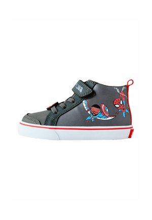 High-top sneakers in gray synthetic material, featuring red accents, blue and black character illustrations, and a white rubber sole.
