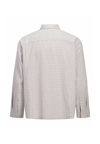 Camicia grigia a maniche lunghe con motivo a scacchi. Il tessuto sembra leggero, con colletto apribile e polsini regolabili.