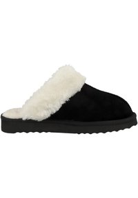 Black suede slipper with a fluffy white fur cuff, flat black sole, and a rounded toe. Features a soft interior lining for comfort.