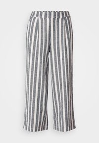 Pantalons rayés en tissu gris et blanc. Présentent une coupe large et une taille élastique avec des plis pour un détail supplémentaire.