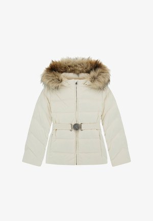 Cremfarbener gesteppter Pufferjacke mit einer gefütterten Kapuze aus Fell, tailliertem Gürtel und silbernen Hardware-Details. Verfügt über diagonale Nähte und seitliche Taschen.