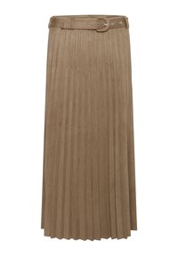 Beige plissert midi-skjørt laget av mykt semsket lignende materiale, med belte i midjen og vertikale folder for tekstur og bevegelse.