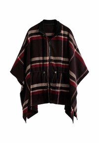 Kariertes Poncho in Dunkelrot, Schwarz und Creme. Mit einem Reißverschluss vorne, elastischem Kordelzug in der Taille und weiten Ärmeln für optimale Bewegungsfreiheit.