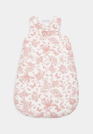 Slaapzak met bloemenpatroon in wit en zacht koraal, met mouwloos ontwerp en afgeronde onderkant. Geborduurde details op de borst.