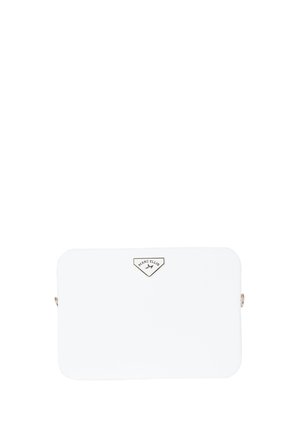 Borsa a tracolla rettangolare bianca con bordi arrotondati, ferrature dorate e piccolo logo triangolare "Marc Ellis" al centro davanti.