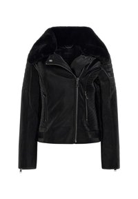 Schwarze Lederjacke mit einem Kragen aus Kunstfell, Reißverschluss, gerippten Details an den Ärmeln und Seitentaschen. Glatte und strukturierte Oberflächen.