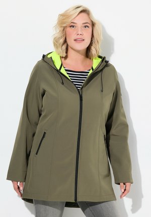 Veste zippée vert olive avec capuche, dotée d'une doublure intérieure vert vif, de deux poches latérales et d'un design décontracté.