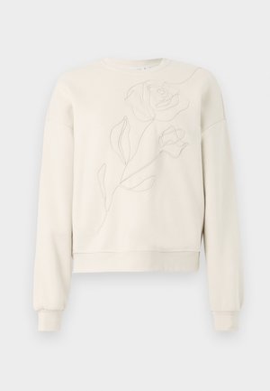 Sweatshirt creme com bordado floral na frente. Gola redonda, mangas longas e punhos canelados. Textura suave e corte descontraído.