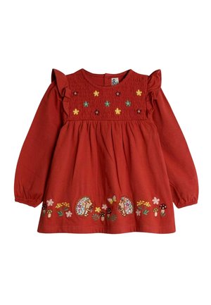 Rotes Kleid mit langen Ärmeln, Rüschenschultern, gerafftem Oberteil und buntem gesticktem Blumen- und Igelmotiv am Saum.