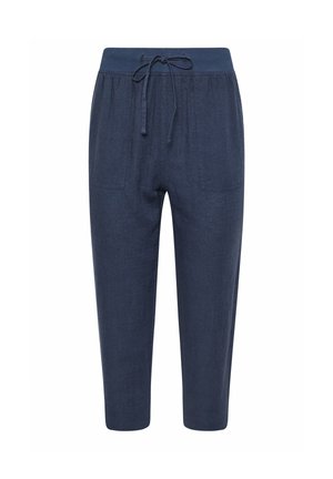 Mørkeblå afslappede bukser med elastisk taljebånd og snøre, med to frontlommer og en afslappet pasform.