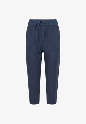 Pantaloni casual blu marina con elastico in vita e coulisse, dotati di due tasche a toppa frontali e vestibilità comoda.