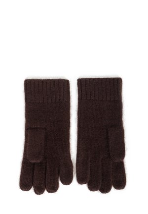 Brązowe rękawiczki dziane z miękkiej wełny. Posiadają ściągaczowy mankiet oraz oddzielne komory na palce, z lekko puszystą fakturą.