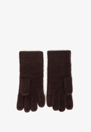 Brązowe rękawiczki dziane z miękkiej wełny. Posiadają ściągaczowy mankiet oraz oddzielne komory na palce, z lekko puszystą fakturą.
