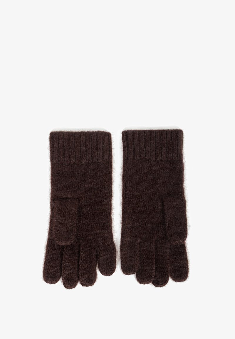 Brązowe rękawiczki dziane z miękkiej wełny. Posiadają ściągaczowy mankiet oraz oddzielne komory na palce, z lekko puszystą fakturą.