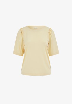 Hellgelbe Bluse mit kurzen Ärmeln, rundem Ausschnitt und kleinen Rüschendetails an den Schulternähten, gerader Saum.